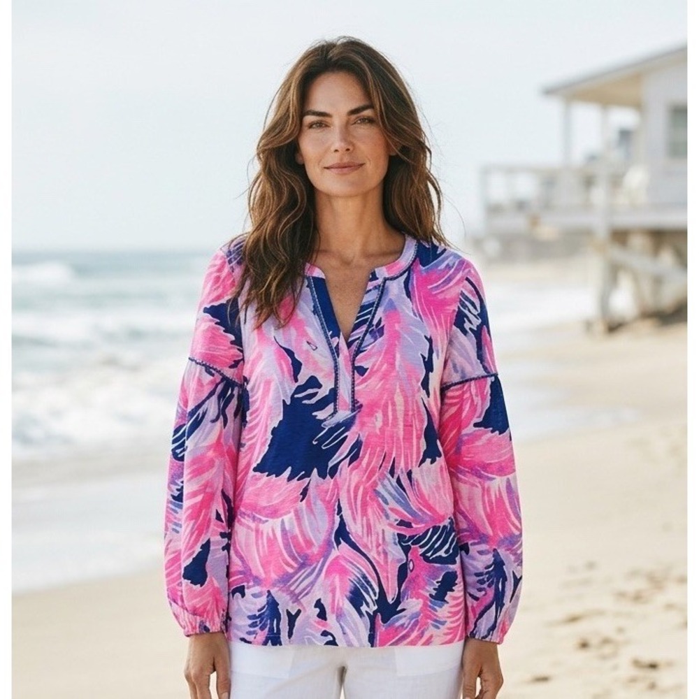 New Lilly Pulitzer‎ Medium Kalissa Tunic Top Blouse Shirt Blue Paradise Point M